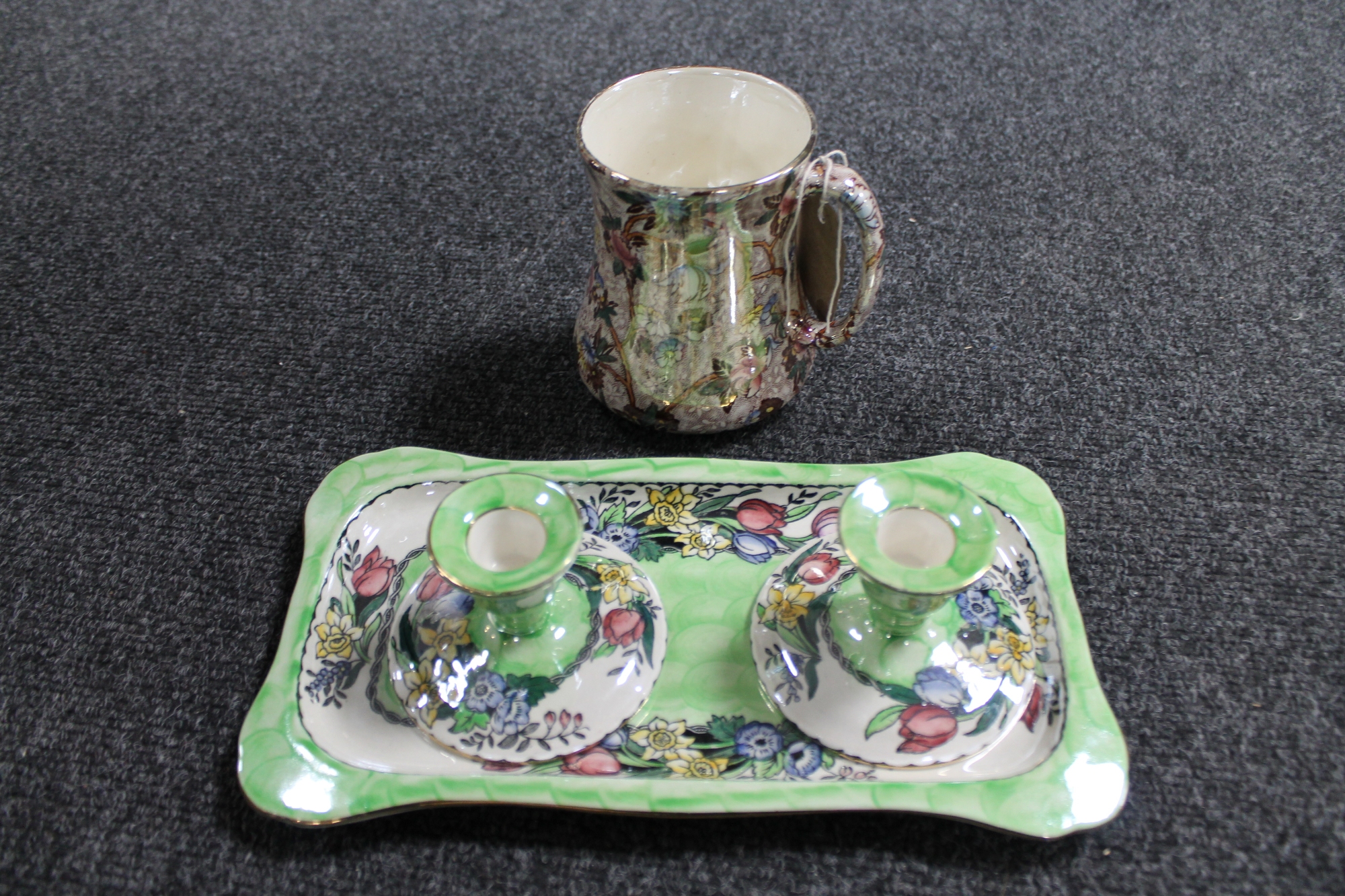 A Maling Springtime trinket tray together with two candle holders ,