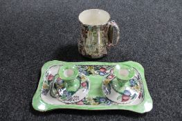 A Maling Springtime trinket tray together with two candle holders ,