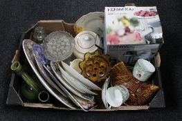 A box of Kenwood mincer, Wedgwood coffee cups and saucers, wall plates,