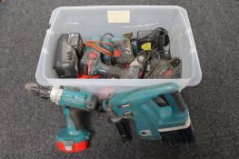 A box of assorted power tools to include Black & Decker drill and sander, Makita hammer drill,