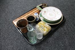 A tray of 19th century glazed pottery dish, lacquered wooden trinket pot, antique glass bottle,