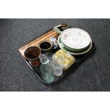 A tray of 19th century glazed pottery dish, lacquered wooden trinket pot, antique glass bottle,