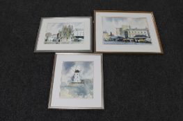 Three contemporary framed watercolours, town scenes and lighthouse, signed Mabane.