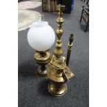 An antique brass Duplex oil lamp with glass chimney and shade together with a further Aladin oil