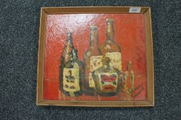 Ken Stewart : Still life with six bottles, oil on board, 30 cm x 35 cm, framed.