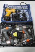 Two baskets containing a Dewalt 18V cordless drill with bits, two Challenge Extreme 14.