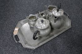 A five piece pewter tea service on serving tray