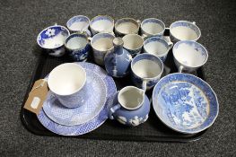 A tray of antique English blue and white tea cups, Royal Worcester blue and white mug,