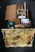 A box and a basket containing leather handbags, marquetry panel, dolls,