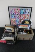 Two boxes of Marilyn Monroe collectables, wall canvas, art prints, books, rotating lamp,