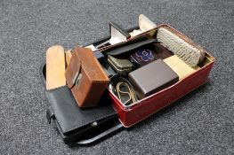 A tray containing vintage clothes brushes, gent's Lichfield and Jaguar wristwatches, cuff links,