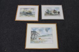 Three contemporary framed watercolours, rural scenes,