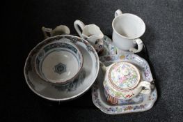 A tray of antique china and pottery to include Imari style jugs, Minton teapot, twin handled mug,