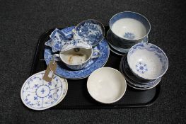 A tray of antique English and Chinese blue and white china, Delft teapot, Willow pattern leaf dish,