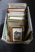 A box of pictures, black and white engravings, framed continental postcards,