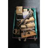 A box of vintage wood working planes, Jordon and Sons Seal engravers punch,