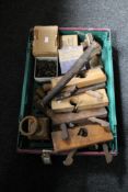 A box of vintage wood working planes, Jordon and Sons Seal engravers punch,