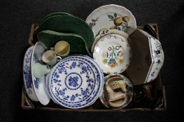 A box of antique and later china, leaf dishes, blue and white plates,