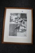 A framed limited edition monochrome engraving, cows leaving a cow shed, Nappa Scar, Wensleydale.