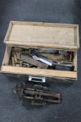 A 20th century joiner's tools box of a small quantity of hand tools,