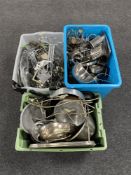 Three boxes of stainless steel kitchen bowls and dishes, oven dishes,