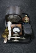 A tray of oak cased Art Deco mantel clock, brass ship's bell, miniature metal cannon,