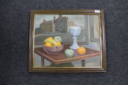 George Patterson: Still life with vase and fruits, oil on canvas, signed, dated '95, 40cm by 50cm.