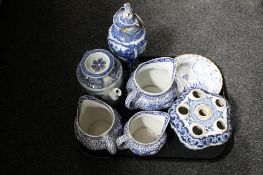 A tray of antique Chinese and English blue and white china to include three graduated Adams jugs,