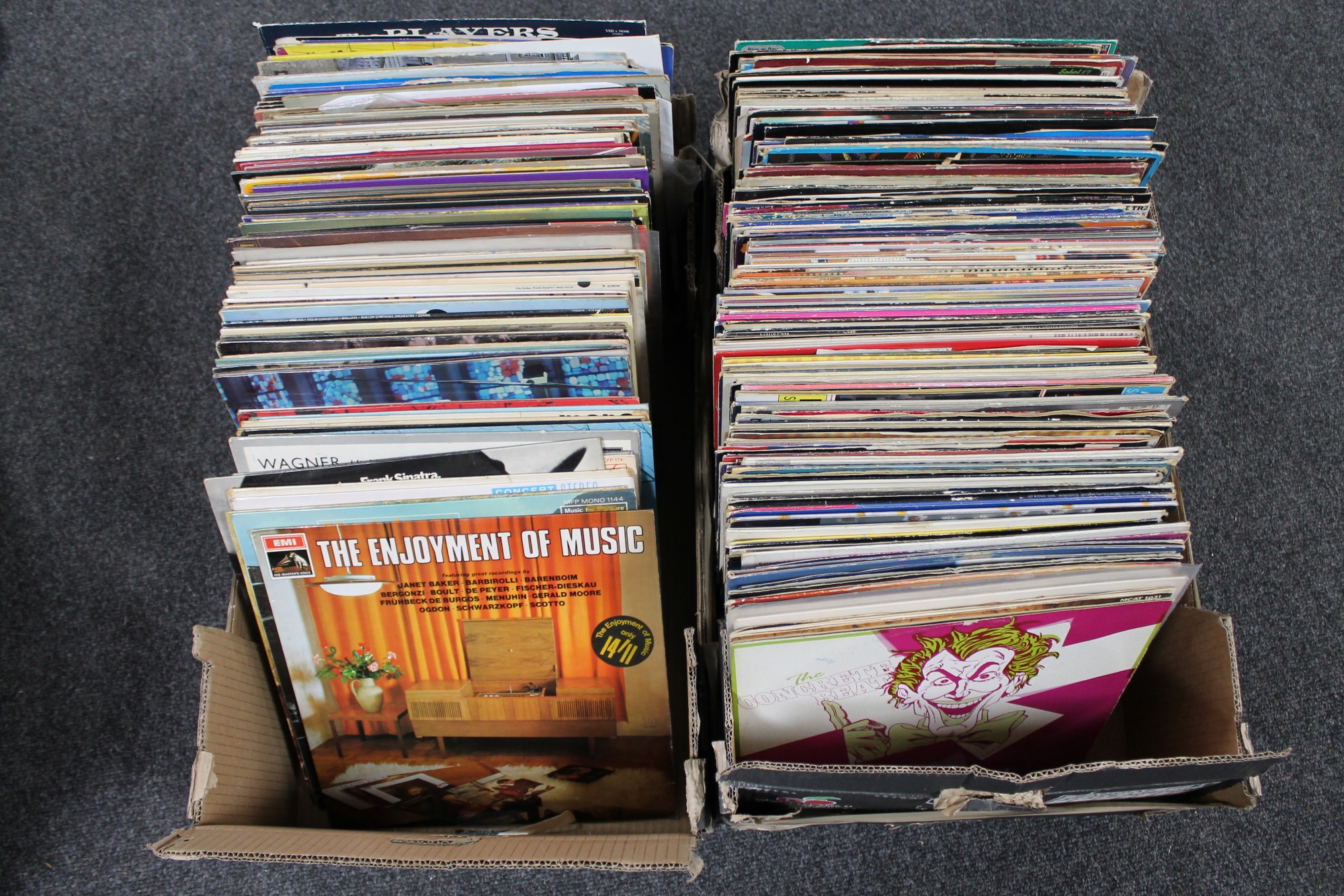 Two boxes of vinyl records to include classical,