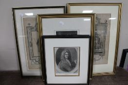 Three framed black and white portrait engravings together with two engravings of Queen Elizabeth