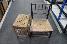 An antique pine rush seated chair and an oak stool.