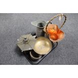 A tray of antique and later metalware, hammered copper fire basket, antique copper jug,