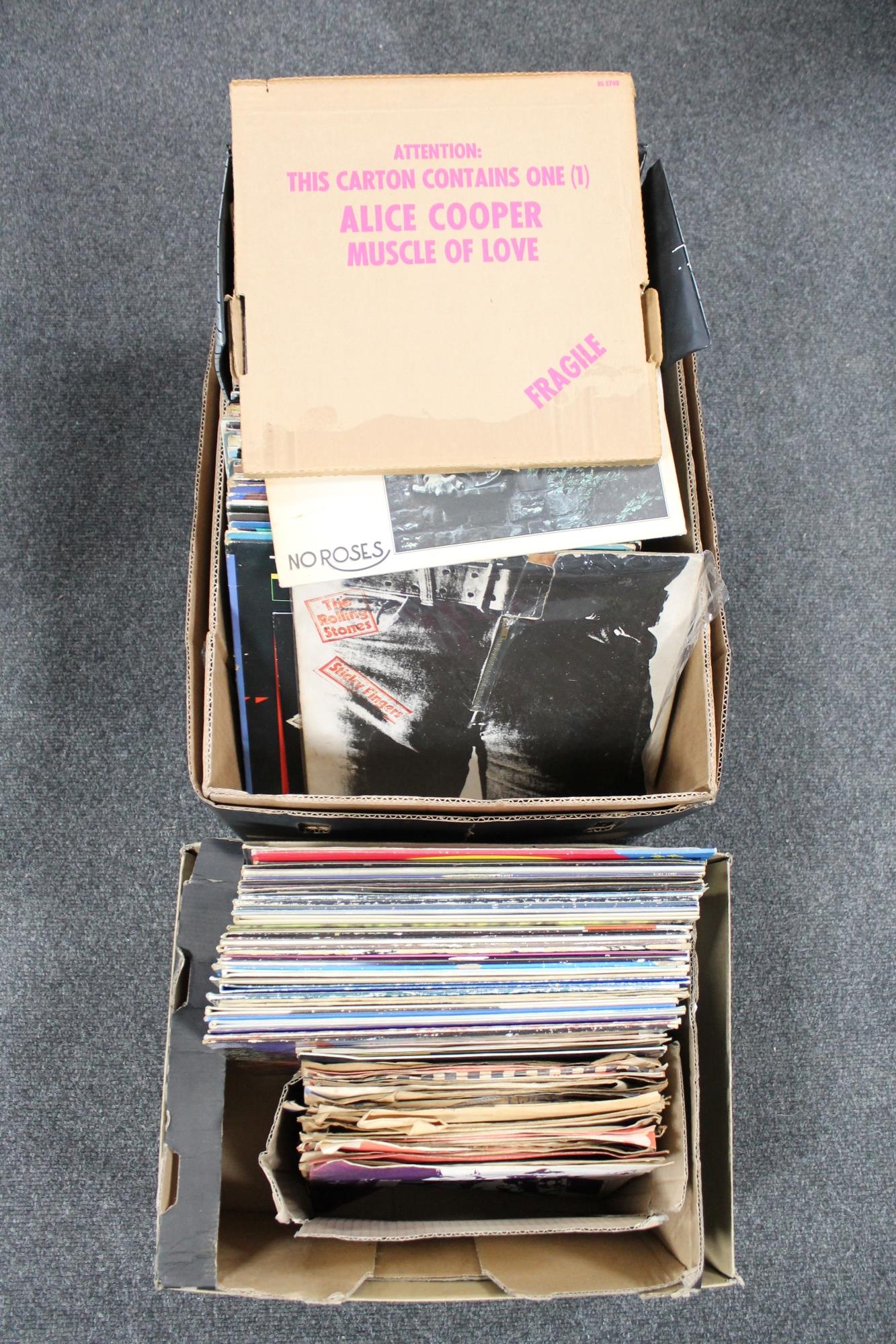 Two boxes of LP's - Rolling Stones, Alice Cooper etc,