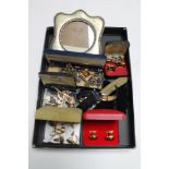 An Art Deco silver plated photo frame, large collection of gent's cuff links, watch fobs,