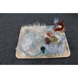 A tray of two Art Deco glass trinket sets, drinking glasses, vases,