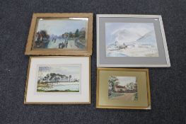 Four framed watercolours to include rural village landscape initialled D.B.