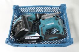 A Makita 18V drill with battery and charger together with a Makita jigsaw