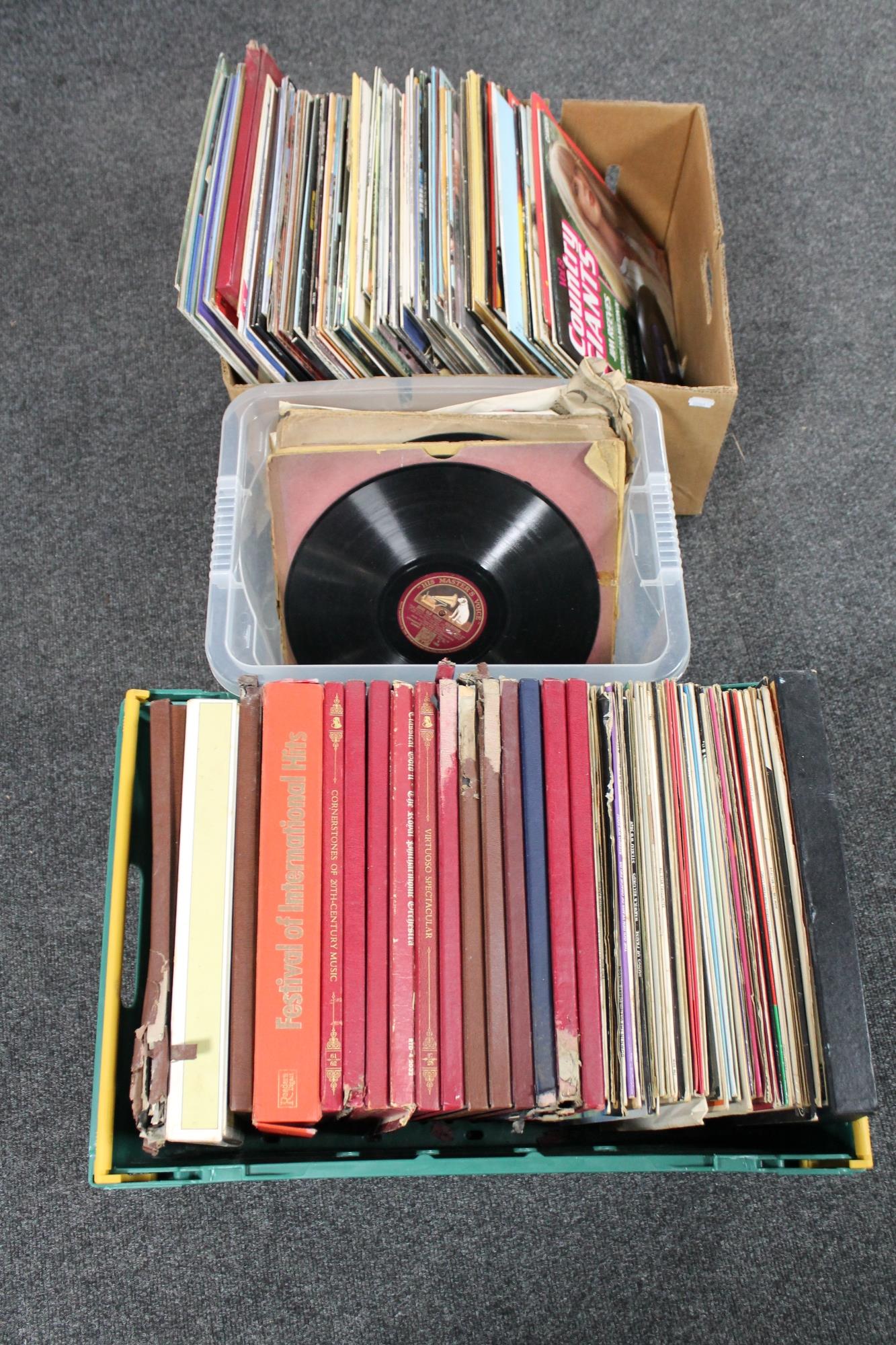A box and two crates containing a large quantity of vinyl LP's including compilation albums,