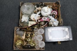Two boxes of assorted brass ware, glass ware, china figures, barometer, and a leather jewellery box.