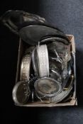 A box of antique and later plated wares, stainless steel trays,