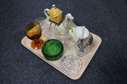 A tray of Tony Wood novelty teapot of a camel, assorted glass ware, brown glass goblets,