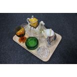 A tray of Tony Wood novelty teapot of a camel, assorted glass ware, brown glass goblets,