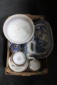 A box of antique blue and white china, Willow pattern plates, teapot and comport,