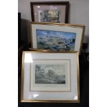 A box of seven assorted framed pictures and prints to include scenes of Paris,