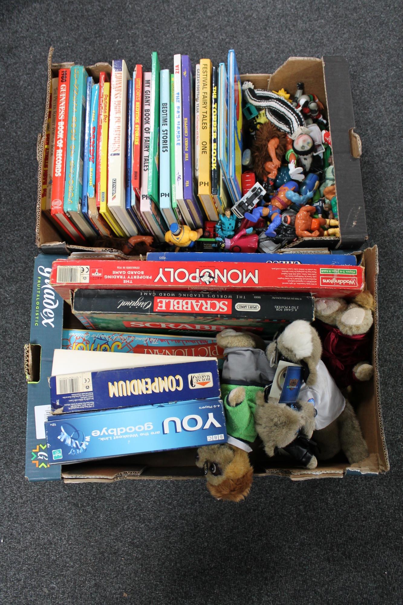Two boxes of board games, 20th century books including Guinness book of Records, Dandy,