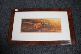 A framed Andy Beck watercolour of a pheasant and grouse foraging