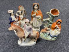 Three Staffordshire flat back figures and a spill vase