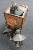 A tea chest of five antique style light fittings.