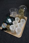 A tray of six onyx goblets, boxed Waterford Crystal Marquis floral bowl, Argyle anniversary clock,