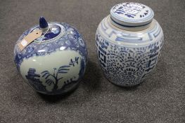 A Chinese blue and white glazed ginger jar, blue and white pumpkin jar.